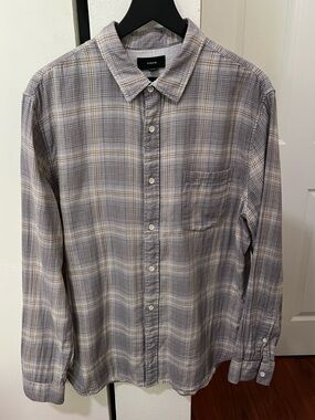 Vince Plaid Button-Down Shirt in Gray and Tan